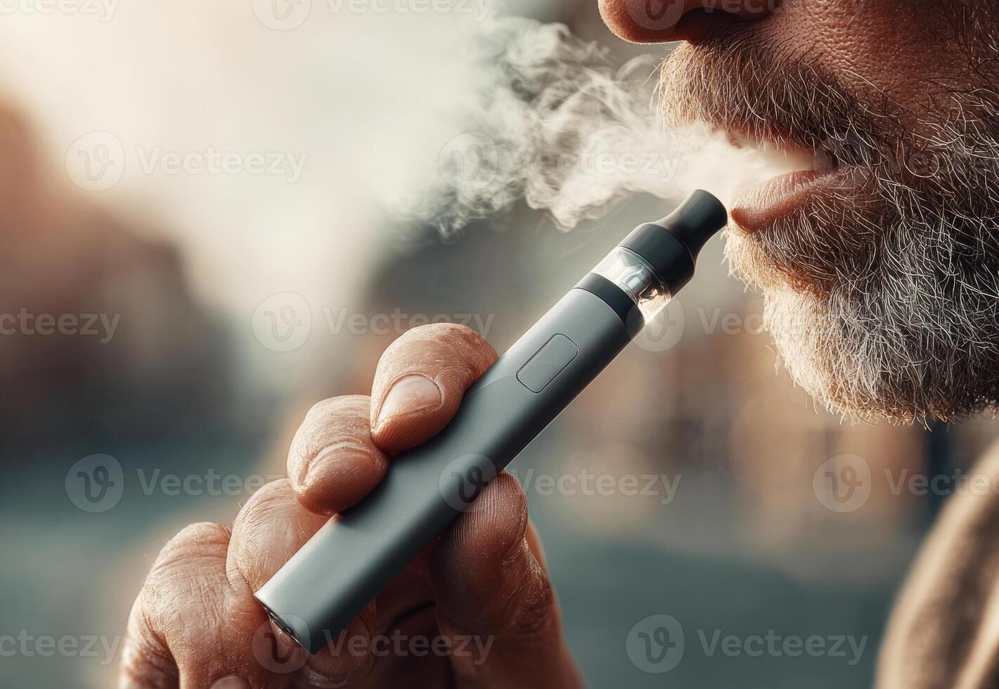 Bearded senior man vaping with electronic cigarette outdoors photo