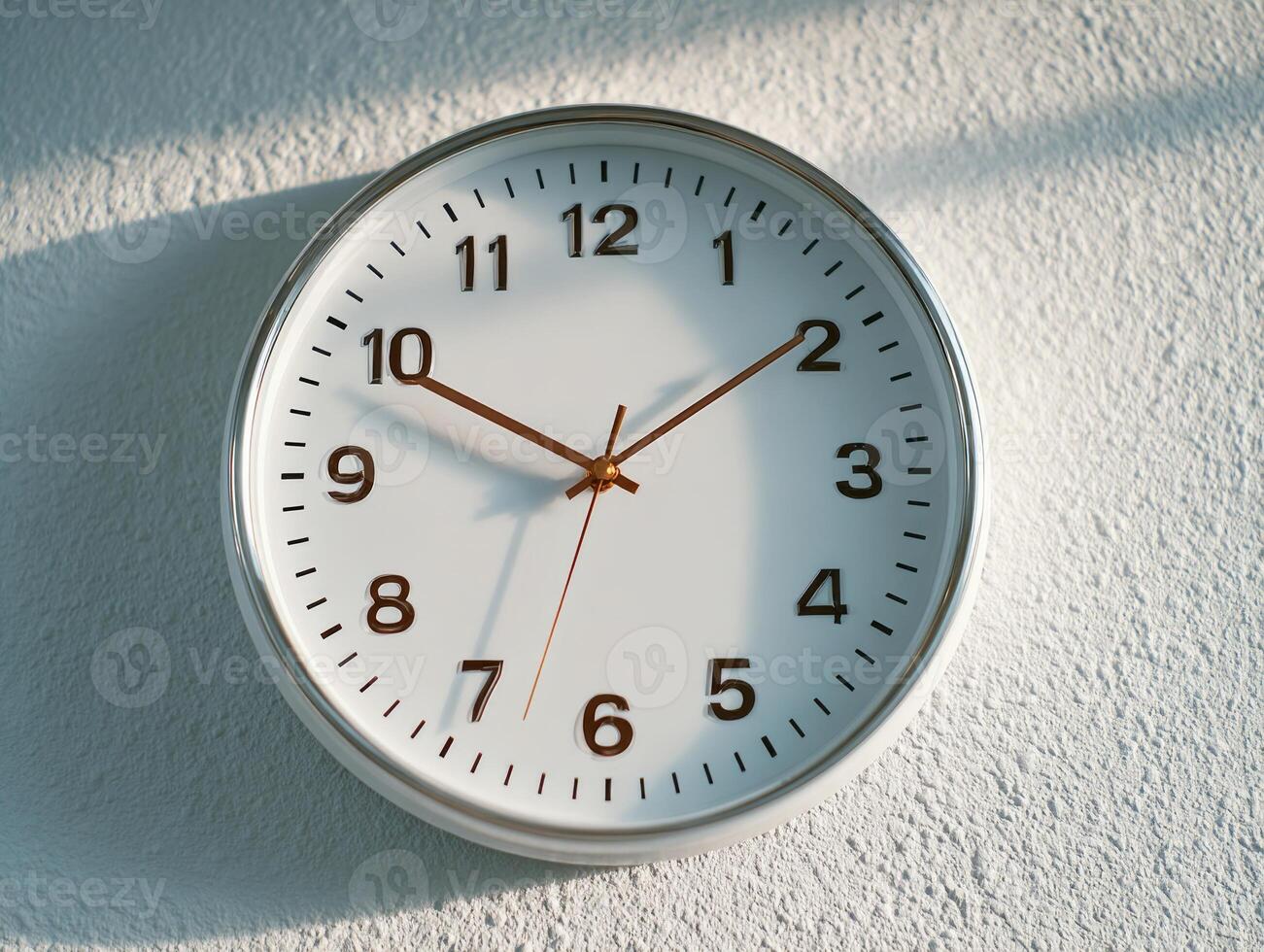 White clock showing time on textured wall in sunlight photo