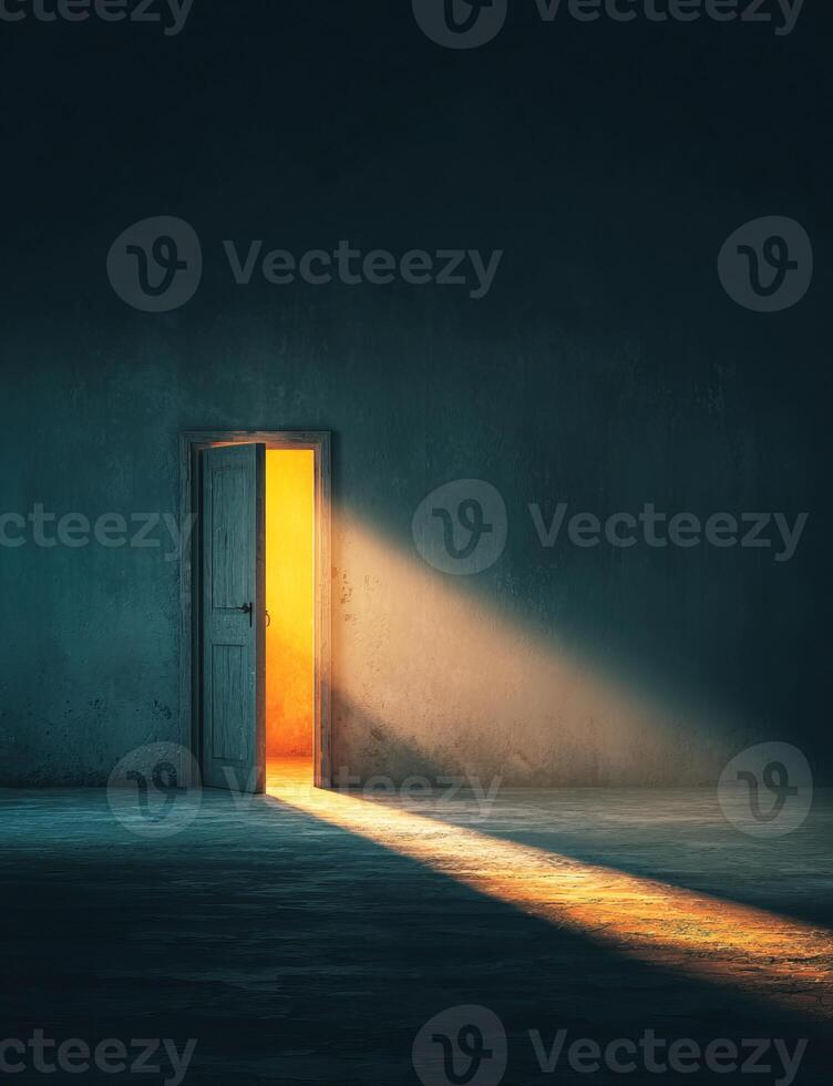 Open door illuminating dark room with golden light photo