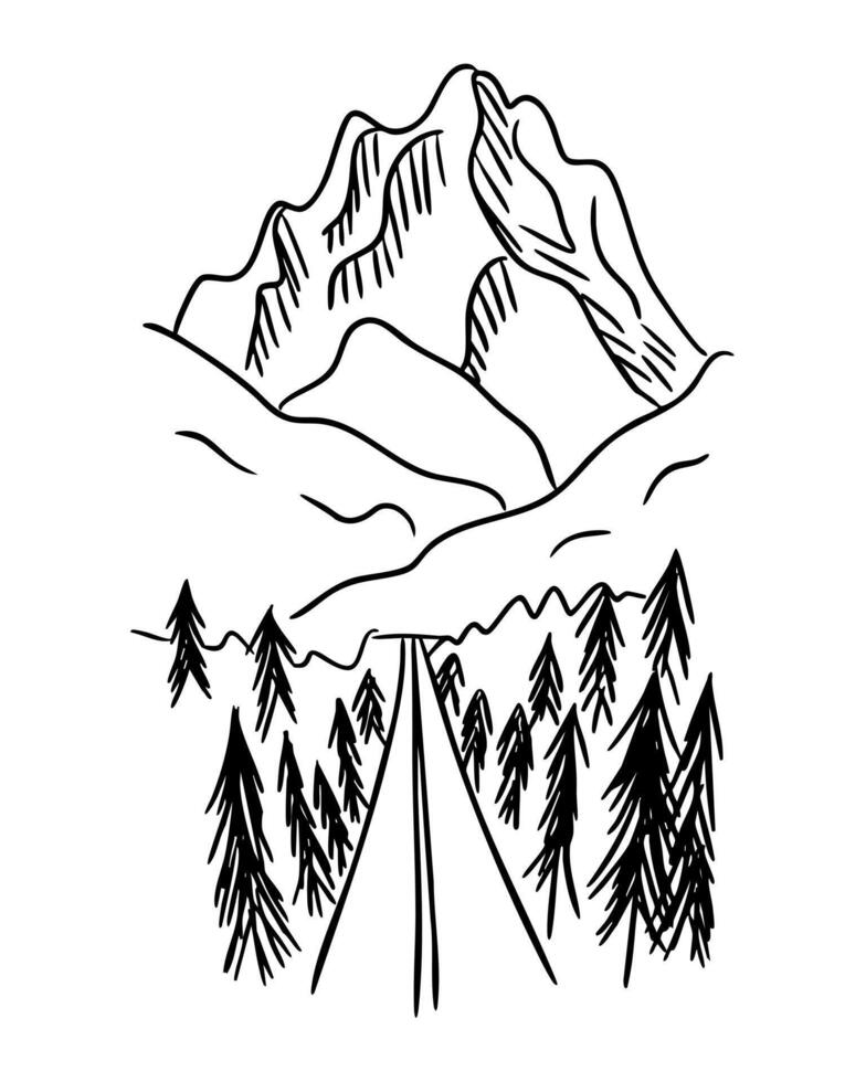 Mountain landscape with road and pine trees, hand drawn in simple linear style. Concept of adventure, travel and wild nature exploration vector