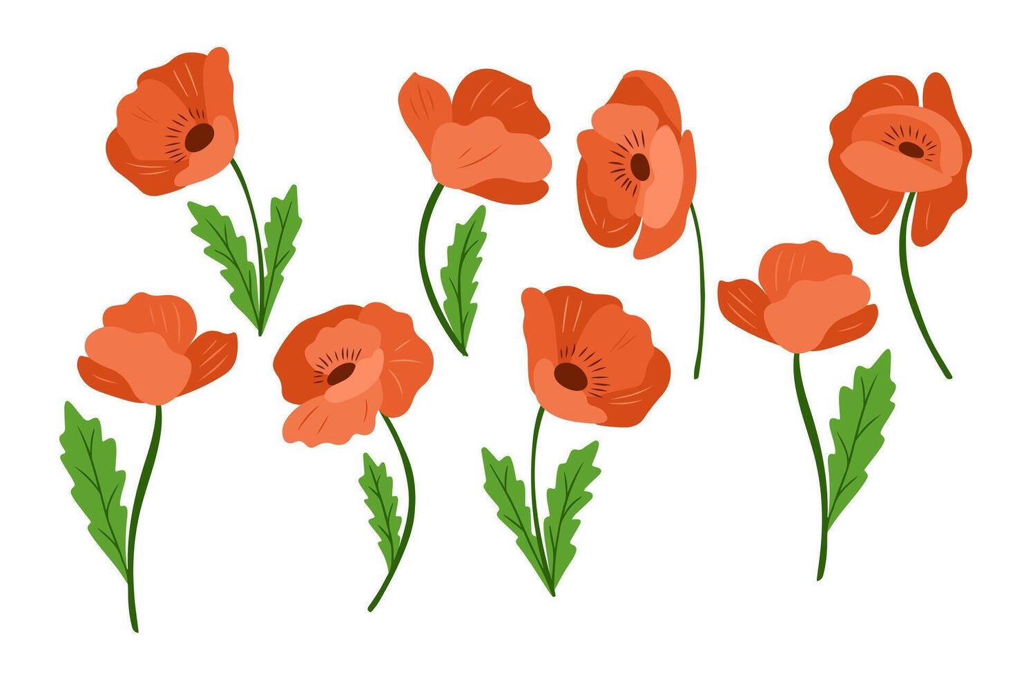 Red poppy flowers with green leaves, hand drawn in flat minimal style. Symbol of remembrance and delicate natural beauty concept vector