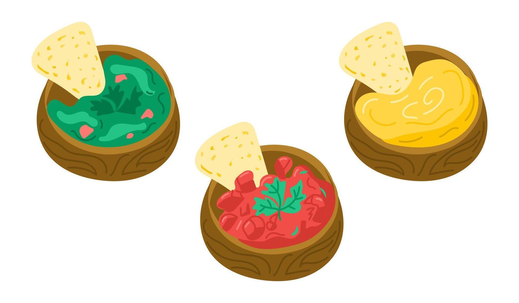 Set of Mexican dips in wooden bowls with tortilla chips, including guacamole, salsa, and cheese sauce. Concept of traditional snack, festive appetizer, and delicious party food. vector