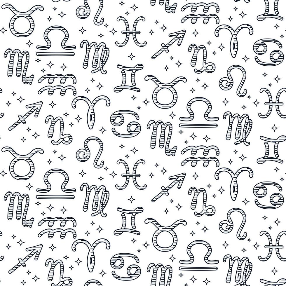 Zodiac sign pattern with hand drawn symbols and stars, seamless linear design. Concept of astrology, horoscope and cosmic energy. vector