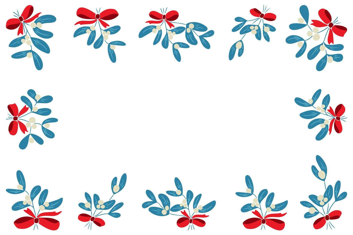 Mistletoe frame border with red bows and green leaves hand drawn in colorful style on white background. Concept of winter holiday decoration and festive greeting design vector