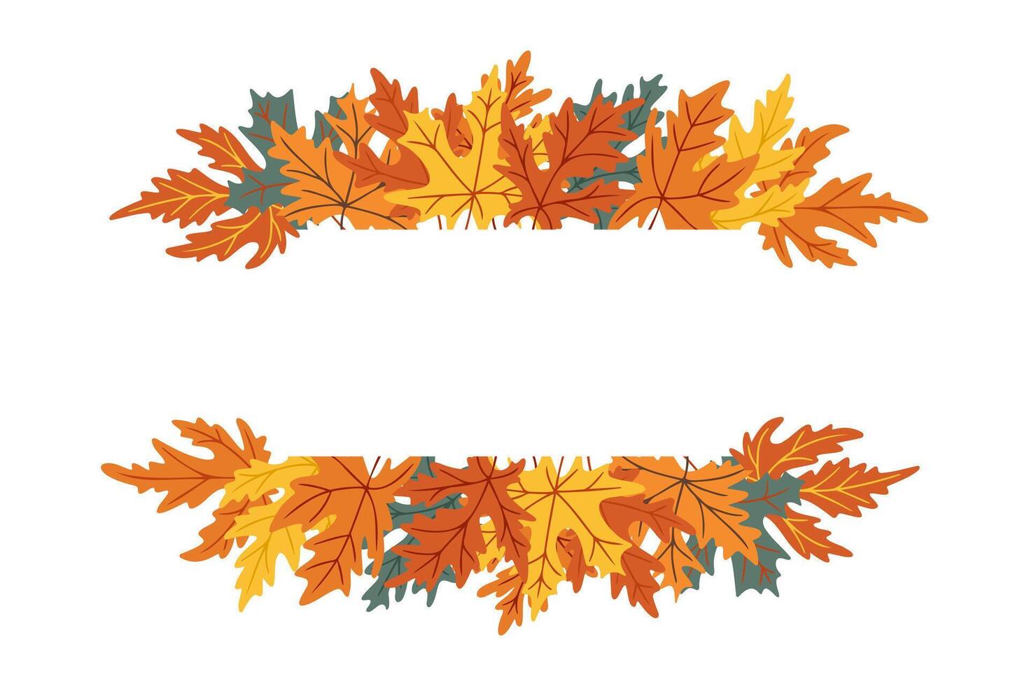 Hand drawn banner frame with colorful autumn maple leaves in orange, yellow and green, isolated on white background. Concept of fall decoration, seasonal greeting and nature design vector