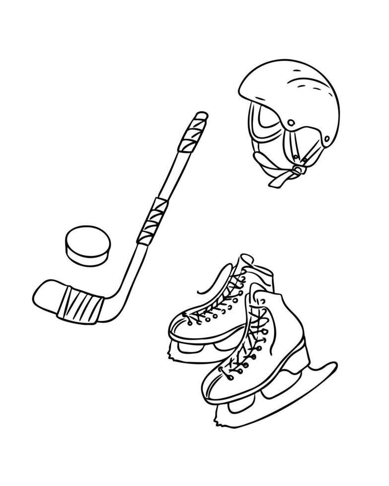 Hockey equipment set with helmet, skates, stick and puck hand drawn in black outline style on white background. Concept of winter sport and active lifestyle vector