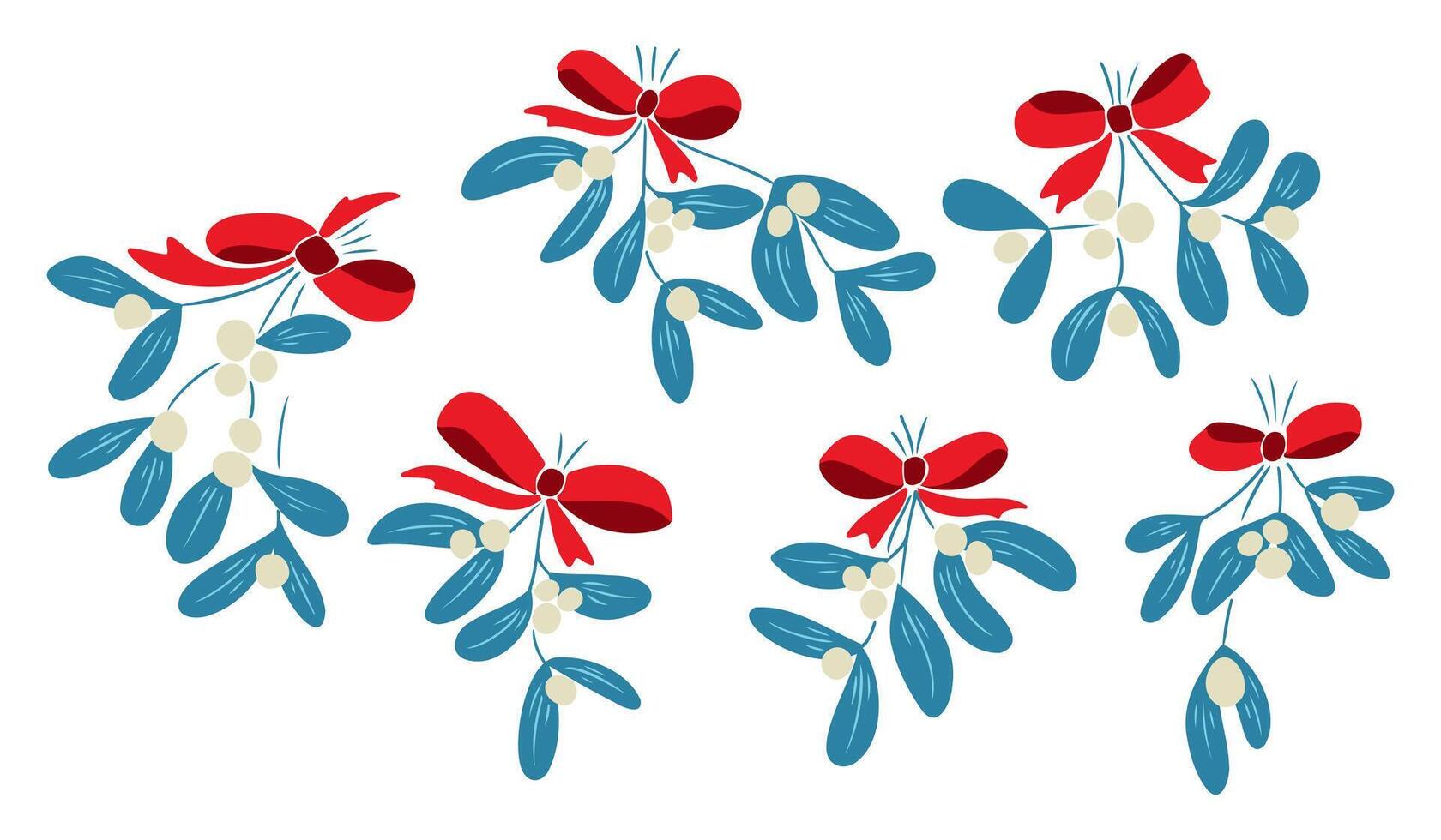 Mistletoe branches with red bows and white berries, hand drawn in simple flat style. Symbol of holiday decoration and winter celebration concept vector