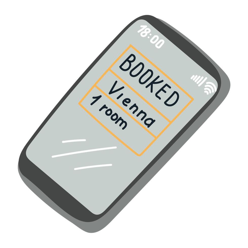 Smartphone screen with booking confirmation, hand drawn in minimal flat style. Concept of online reservation, travel planning and modern technology vector