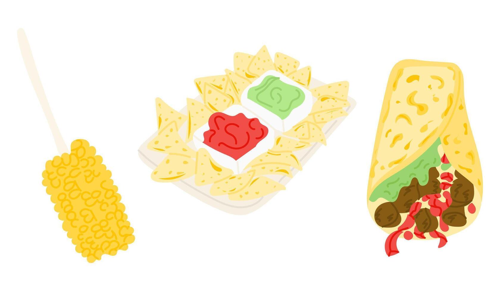 Hand drawn Mexican food set with burrito, nachos and corn on stick, isolated on white background. Concept of traditional street food, fiesta and tasty snack culture vector