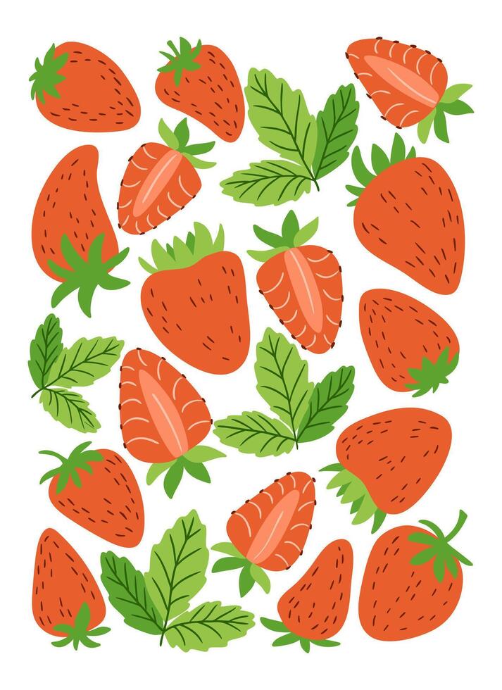Strawberries and green leaves composition, hand drawn in bright flat style. Concept of summer freshness, healthy food and natural sweetness. vector