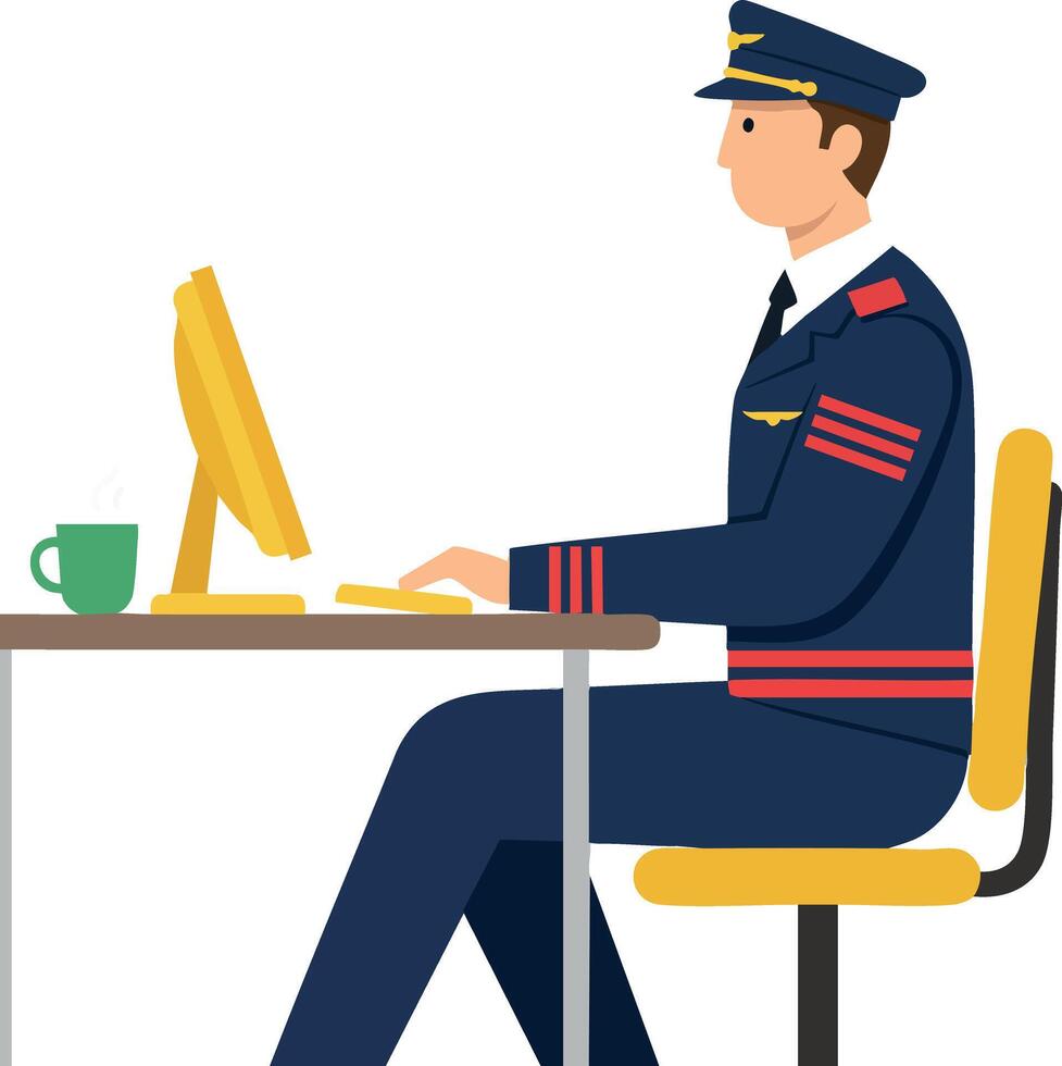 Pilot working on computer in uniform with cap and coffee cup sitting on office chair illustration vector