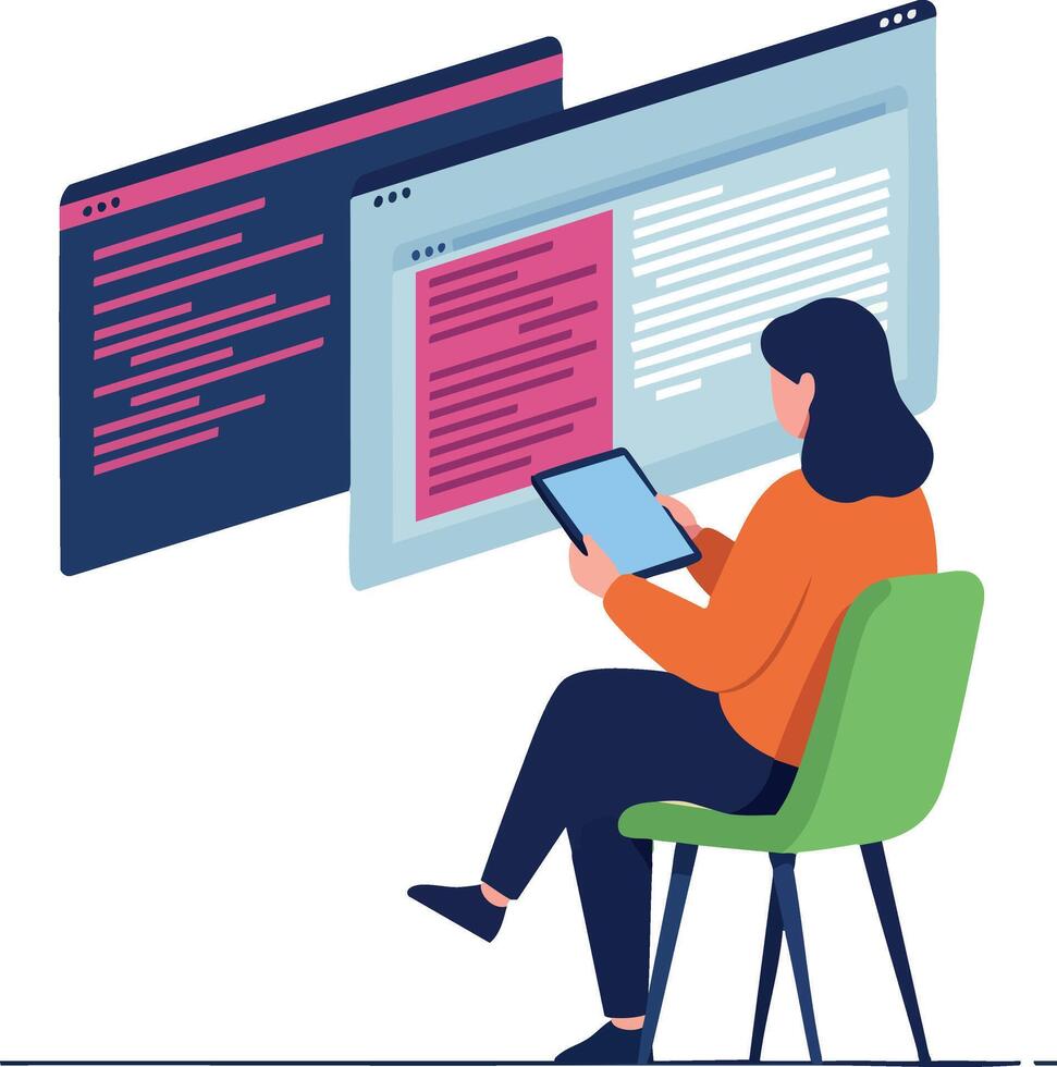 Woman Working on Computer Coding and Programming with Tablet in Modern Workspace Illustration vector