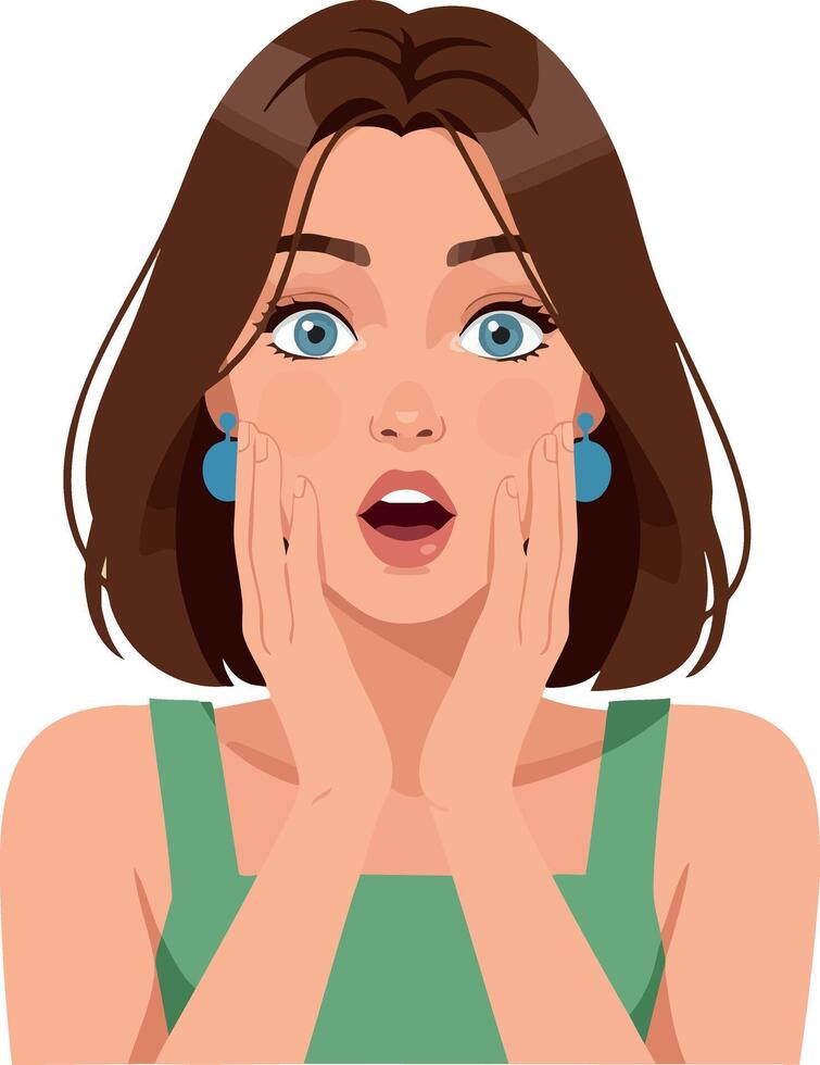 Shocked young woman with short brown hair and blue eyes holding face with hands in green top illustration vector