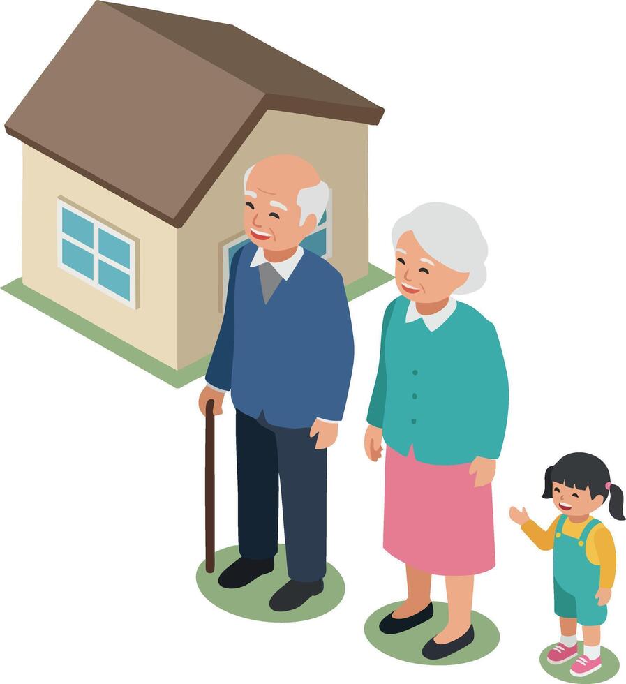 Elderly couple with granddaughter standing near house family generation illustration vector