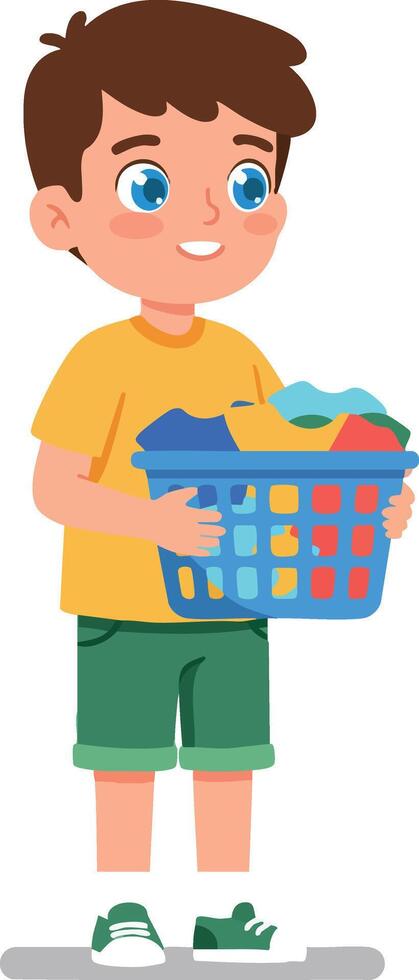 Boy carrying laundry basket with colorful clothes wearing yellow shirt and green shorts cheerful standing illustration vector