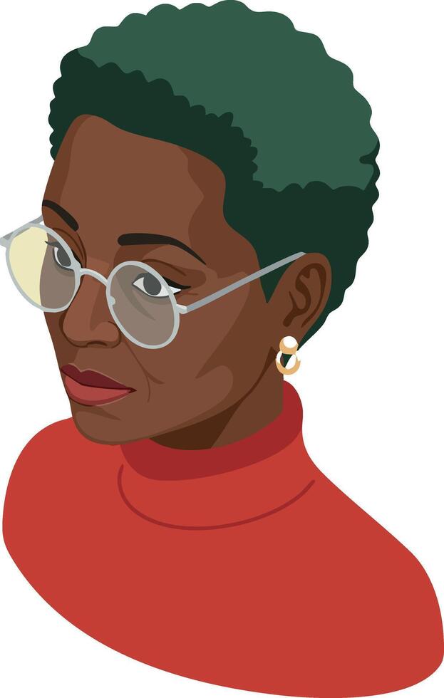 Woman with green curly hair wearing glasses and red turtleneck sweater portrait illustration vector
