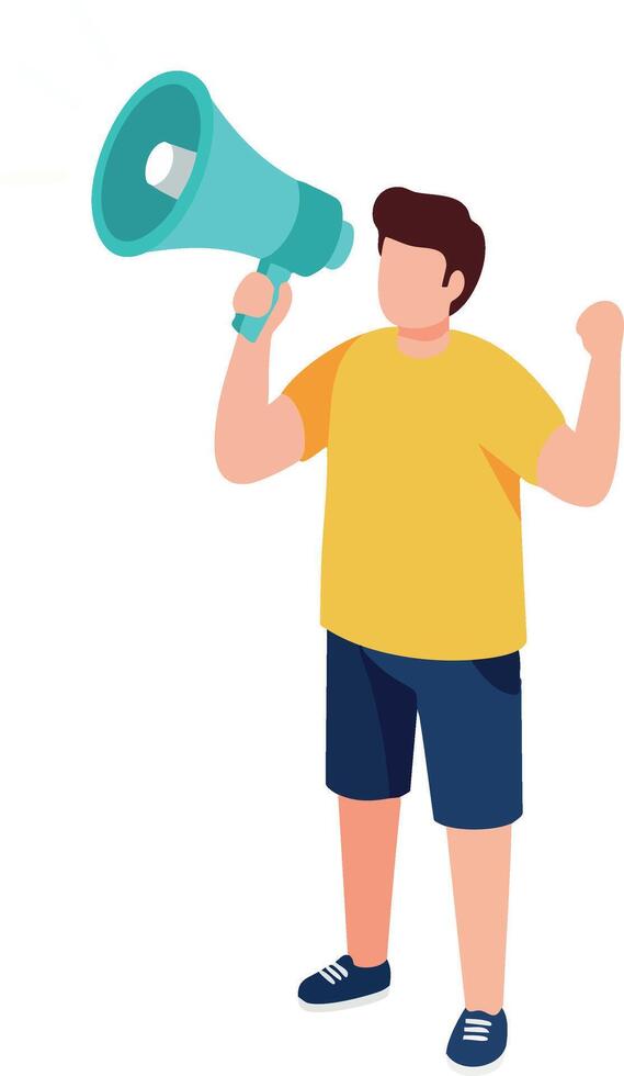 Boy holding megaphone shouting with raised fist in casual summer outfit illustration vector