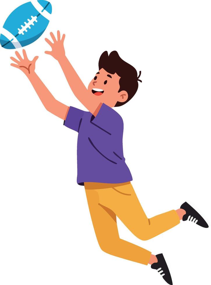 Boy jumping and catching blue football in casual clothes active playful scene illustration vector
