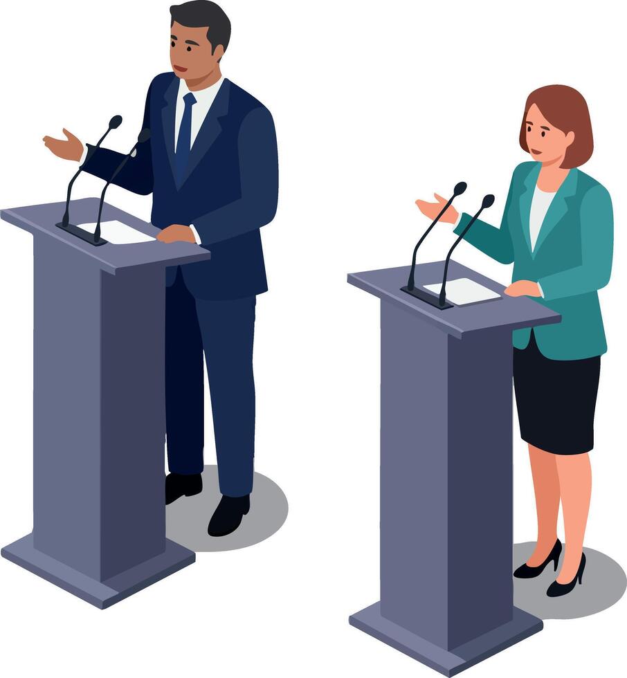 Two people debating at podiums in formal clothing presenting arguments in a professional setting illustration vector