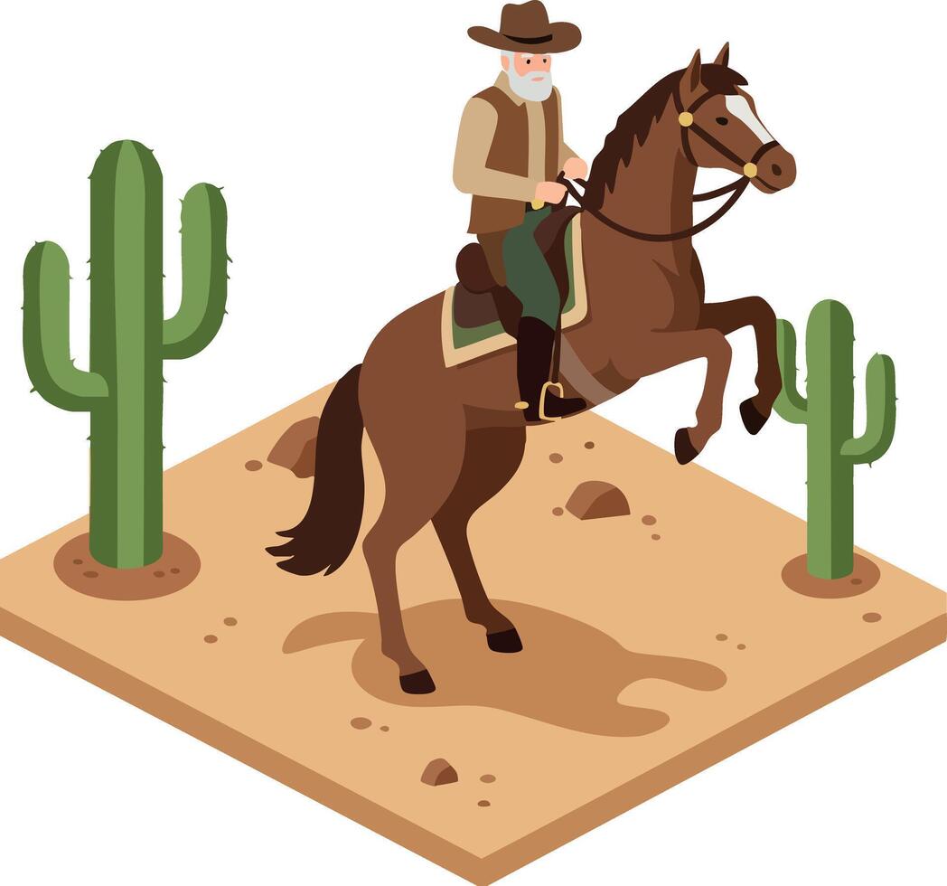 Cowboy riding rearing horse in desert with cactus plants and sandy terrain illustration vector