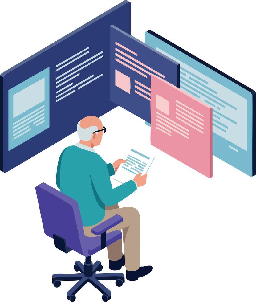 Senior man working on computer with multiple digital screens showing data and documents illustration vector