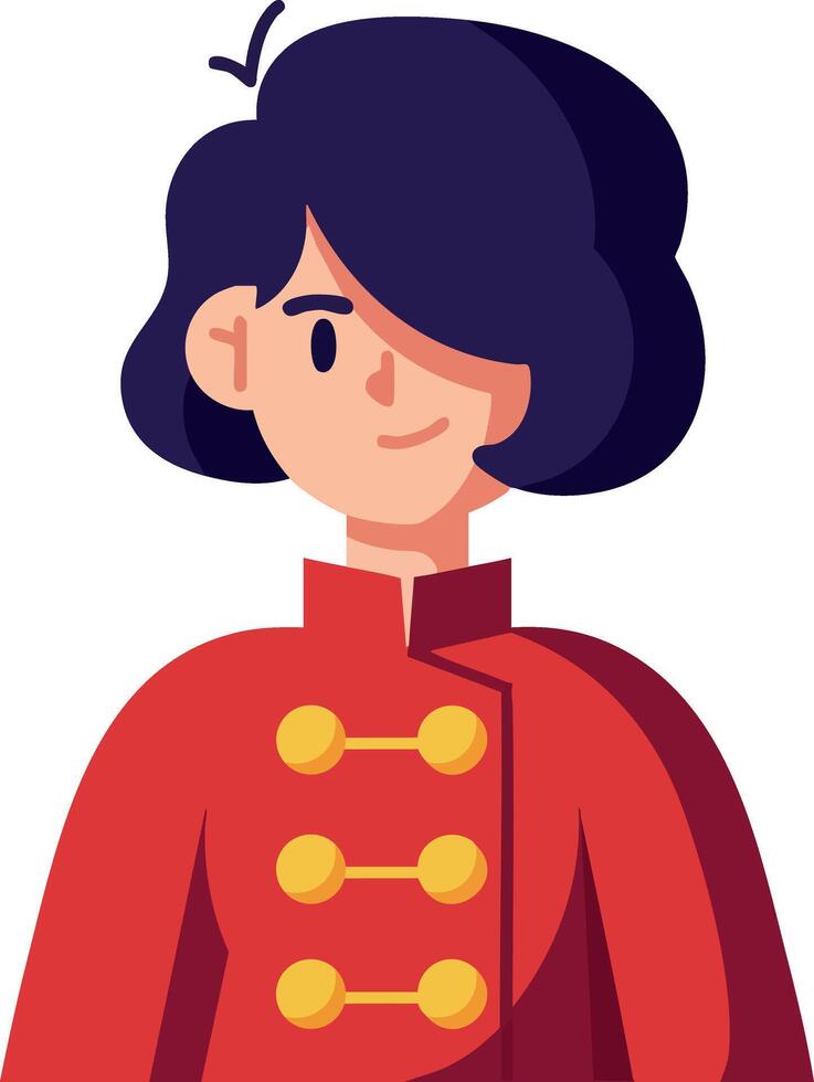 Young woman with short dark hair wearing red coat with golden buttons illustration vector