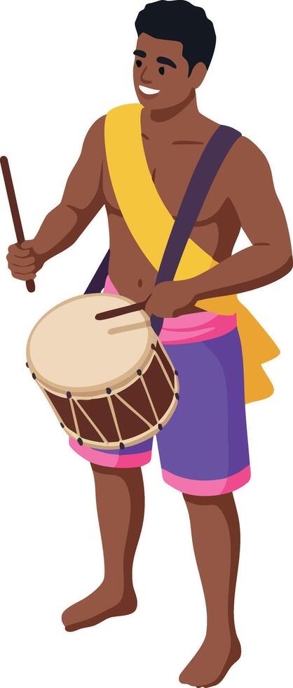 Man playing traditional drum with stick in colorful clothing and yellow sash illustration vector