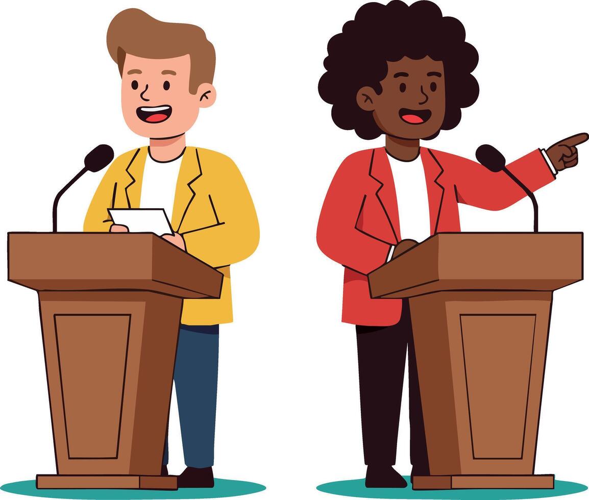 Two diverse people debating on stage with microphones and wooden podiums in professional attire illustration vector