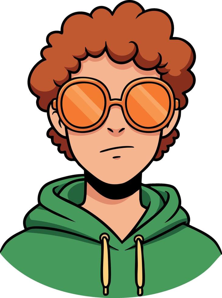 Young person with curly hair wearing oversized orange sunglasses and green hoodie portrait illustration vector