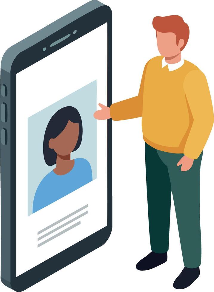 Man using smartphone with call screen showing woman in blue top technology concept vector