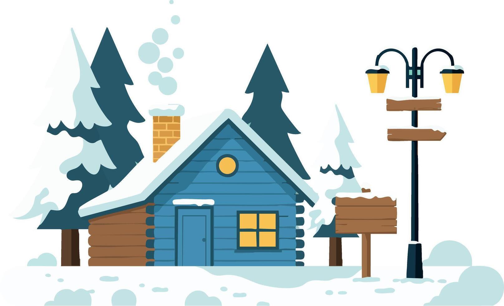 Winter cabin scene with blue wooden house snow covered pine trees and street lamp illustration vector
