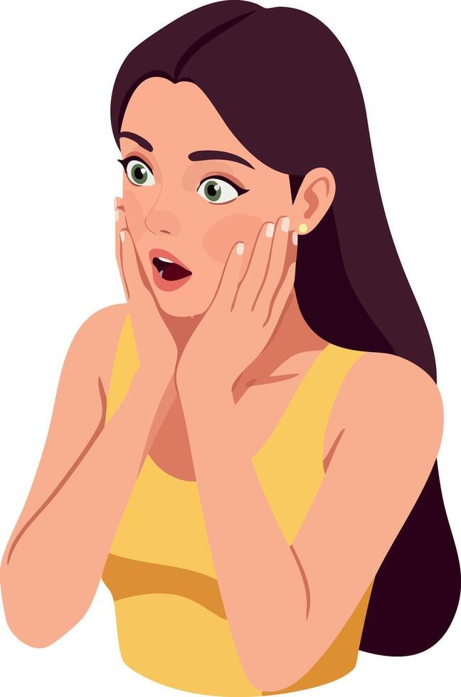 Woman expressing surprise with hands on cheeks wearing yellow top illustration of shocked female character vector