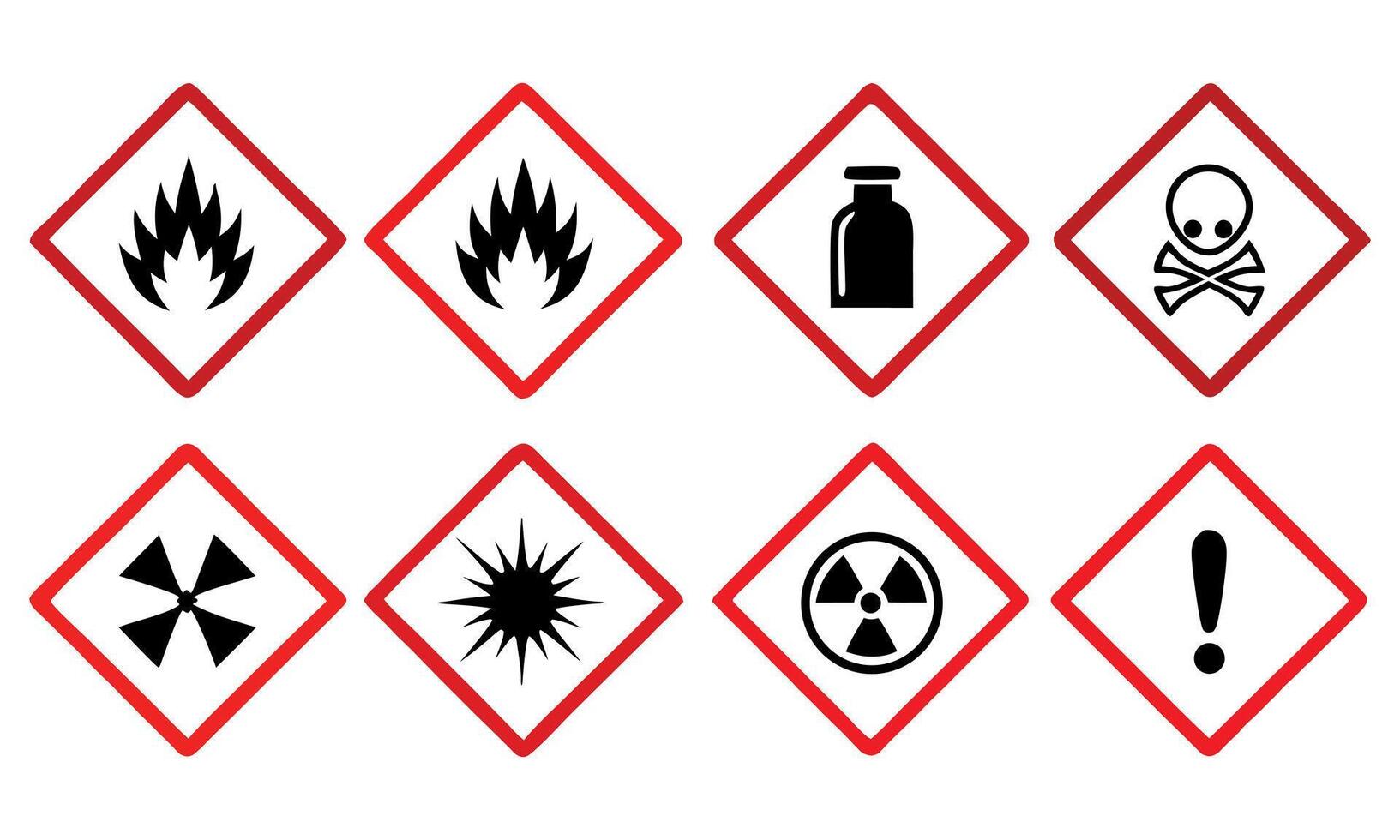Various Hazard Pictograms Displaying Potential Chemical and Physical Dangers Represented by Red Diamond Signs on a White Background vector