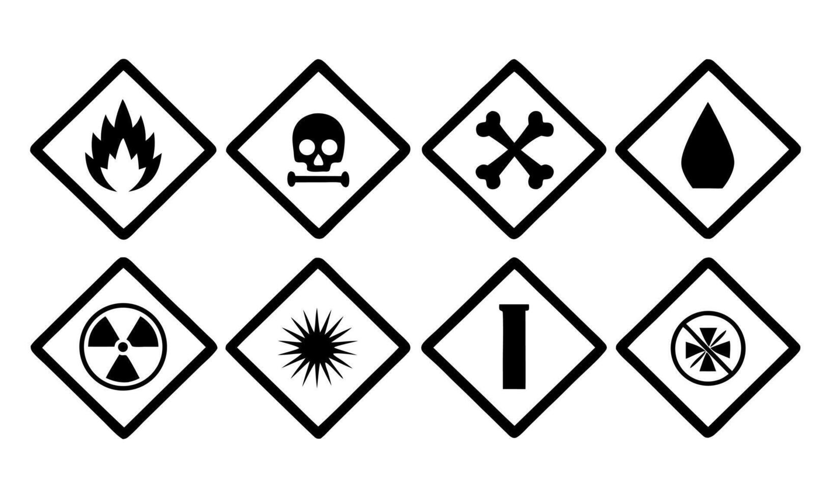 Collection of Safety Hazard Warning Diamond Shaped Pictograms for Hazardous Materials and Substances to Protect People from Risk and Danger vector