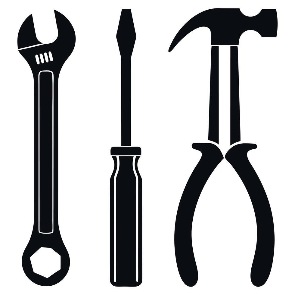 Collection of Tools Adjustable Wrench, Screwdriver, and Hammer with Pliers in a Simple Black and White Design vector