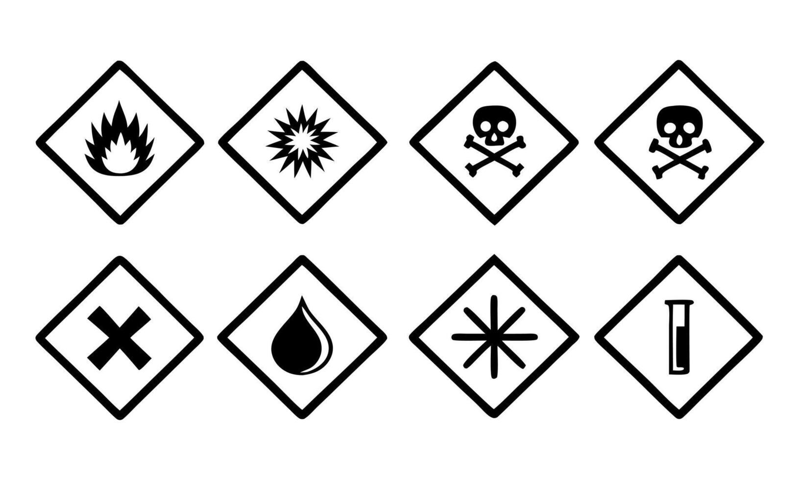 Set of Hazard Pictograms Illustrating Various Dangerous Materials and Situations Dangerous Goods Warning Labels Chemical Hazards and Safety Precautions vector