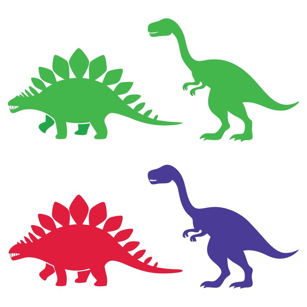 Colorful Dinosaur Silhouettes Featuring Stegosaurus and Sauropod Species on White Background for Children and Paleontology Enthusiasts vector