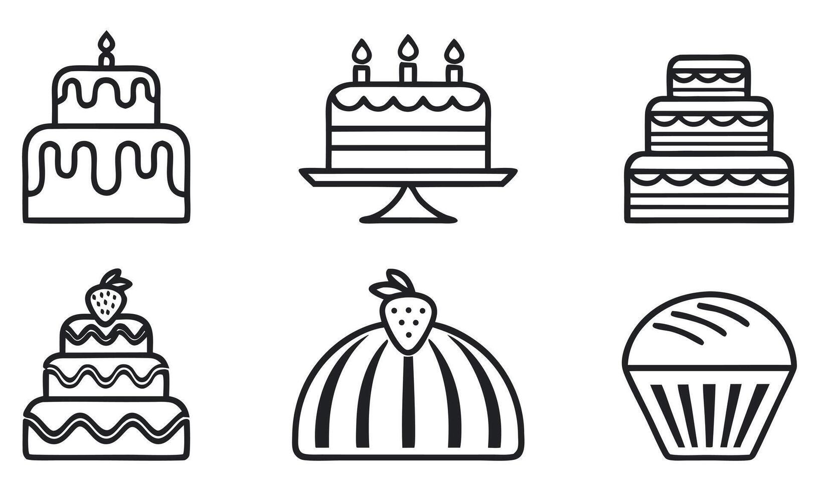 A Variety of Black and White Cake Illustrations, Including Tiered Cakes, Cakes on Stands, and a Cupcake with a Simple Design vector