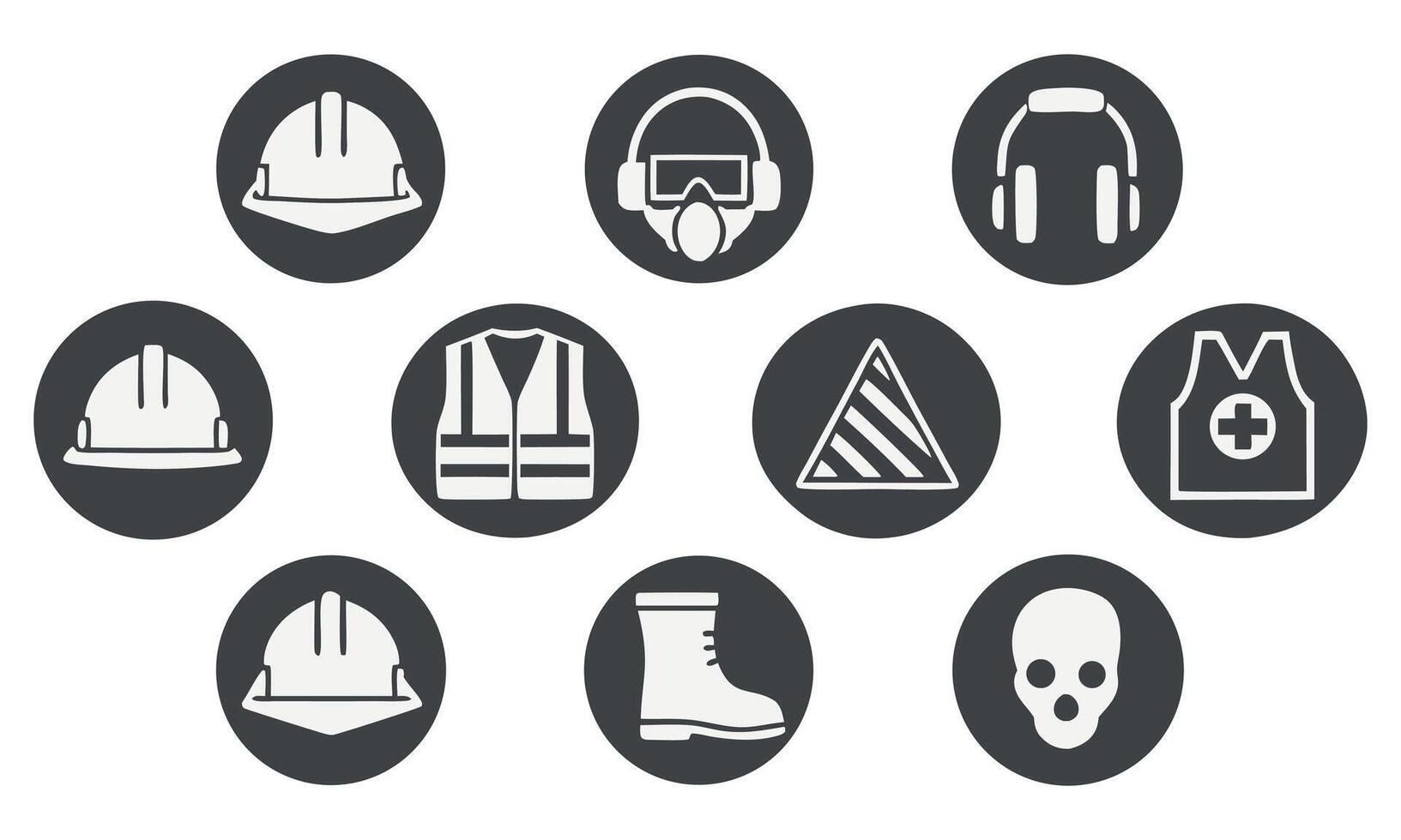 Safety First Workplace Icons with Hard Hats, Protective Gear, Warning Signs, and Safety Equipment Illustrating Commitment to Worker Well-being vector