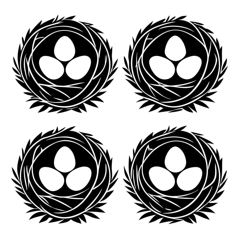 A Whimsical Collection of Bird Nests Depicted in an Elegant Black and White Silhouette Style Design on a White Backdrop vector
