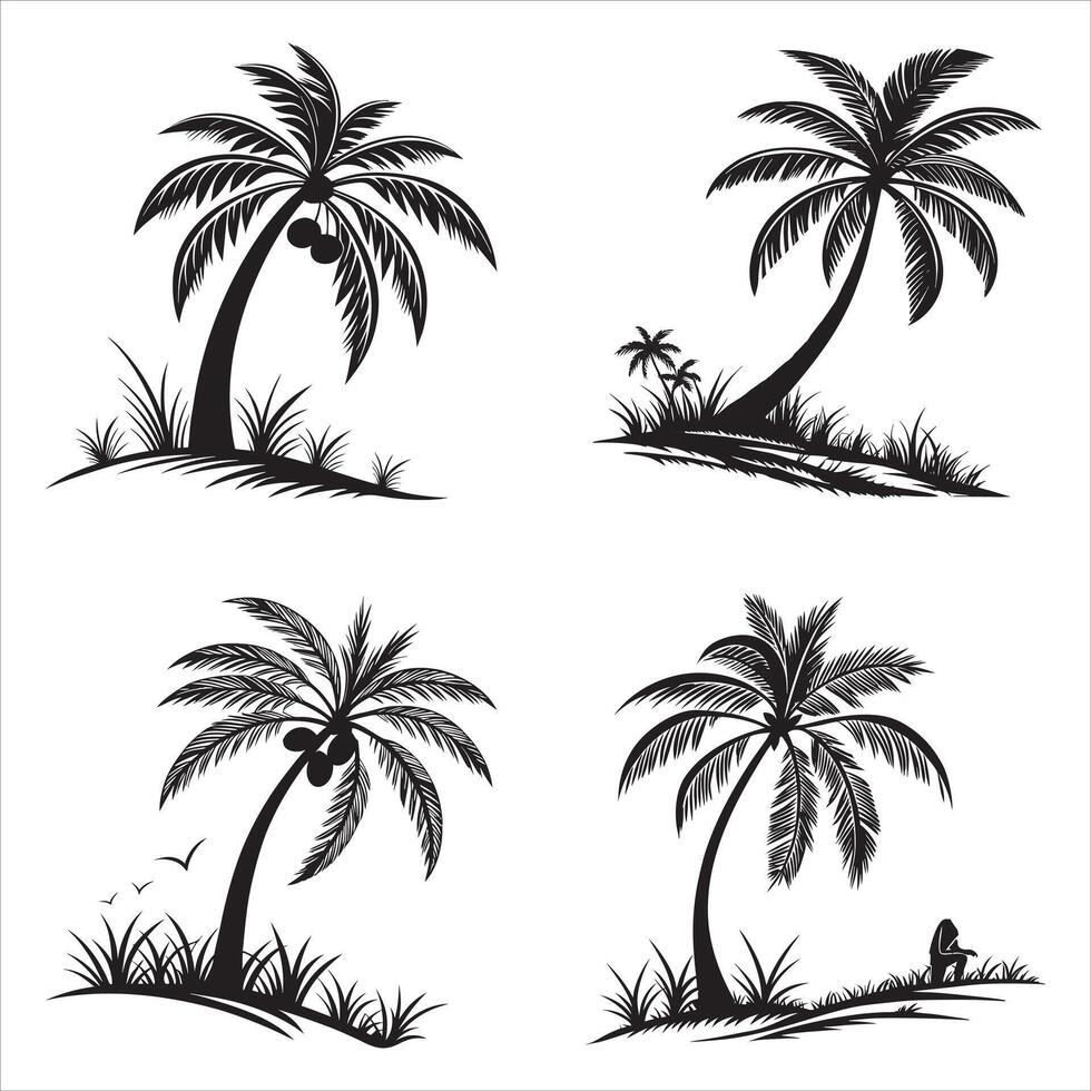 Four Black and White Tropical Island Scenes Featuring Palm Trees and Coastal Vegetation with Hints of Wildlife vector