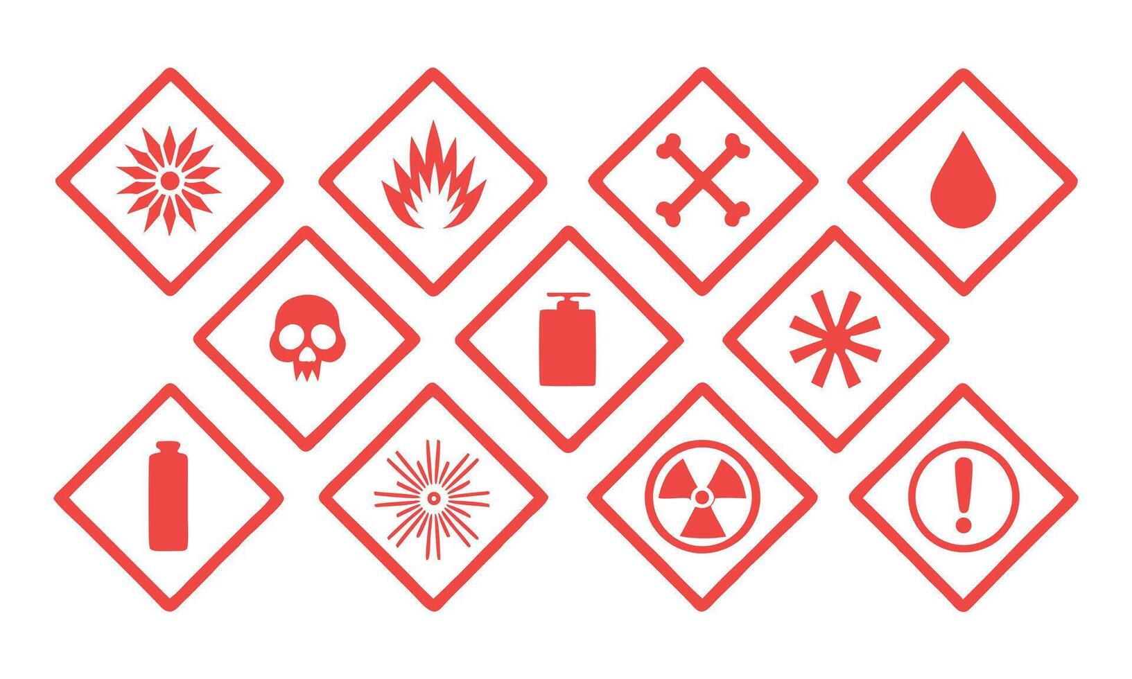 Red Hazard Symbols Collection Chemical and Safety Warnings for Potentially Dangerous and Toxic Materials and Situations Red on White vector