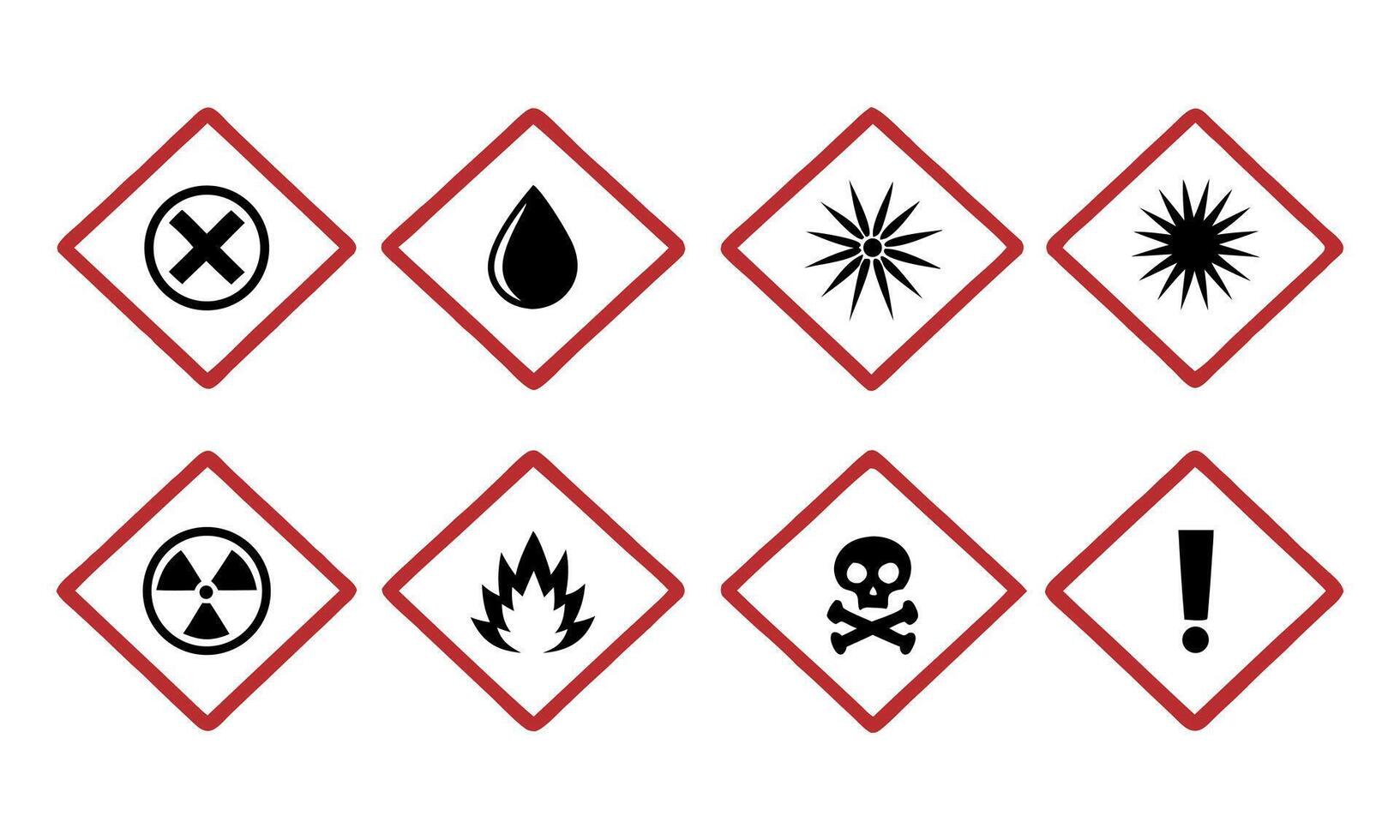 Collection of Global Harmonized System Hazard Pictograms Depicting Potential Hazards Such as Irritants, Environmental Damage, Radiations, Explosions, and Flammability vector