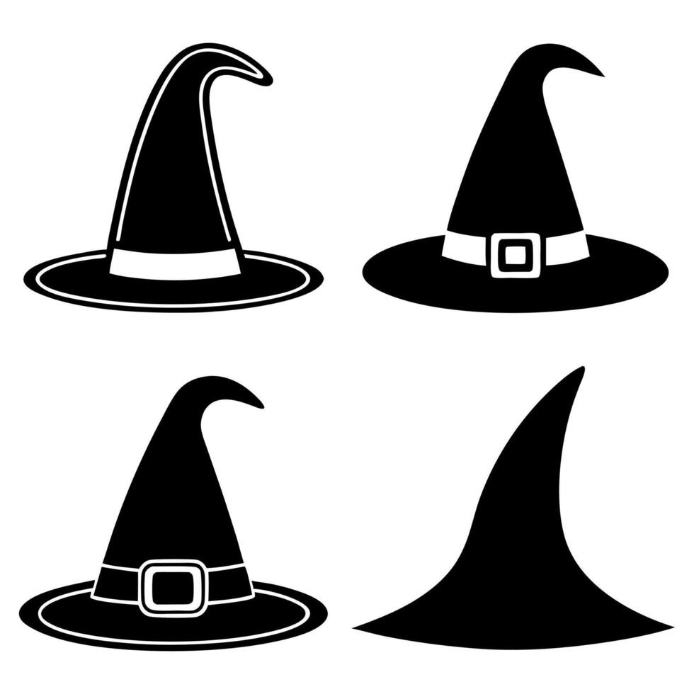 Four Silhouette Witch Hats in Various Styles for Halloween Themed Decorations and Spooky Party Invitations or Craft Projects vector