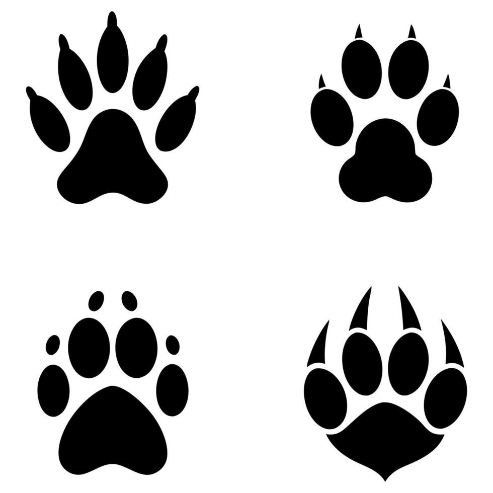 Assorted Animal Paw Prints Depicting Different Species Paws Including Bear Cat Dog and Other Unidentified Animals Silhouette in Black and White vector