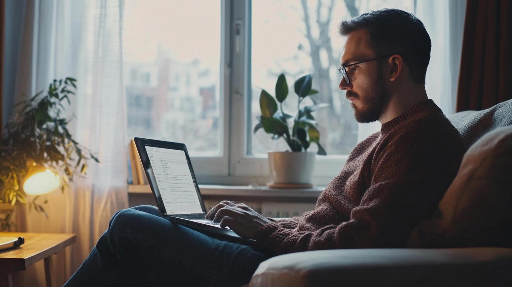 A Thoughtful Man Sitting Comfortably at Home Reflecting on Life and Ideas photo