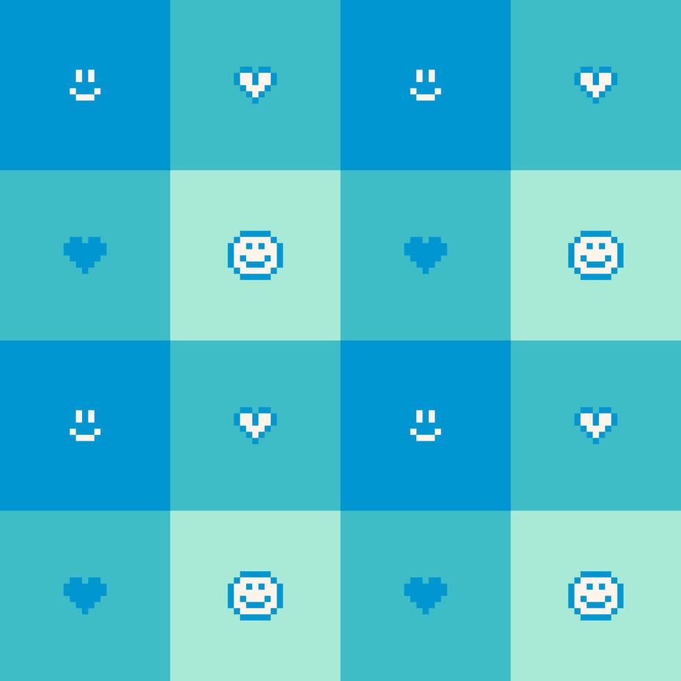 seamless minimal smile and heart pixel art repeat pattern in blue and green color background vector