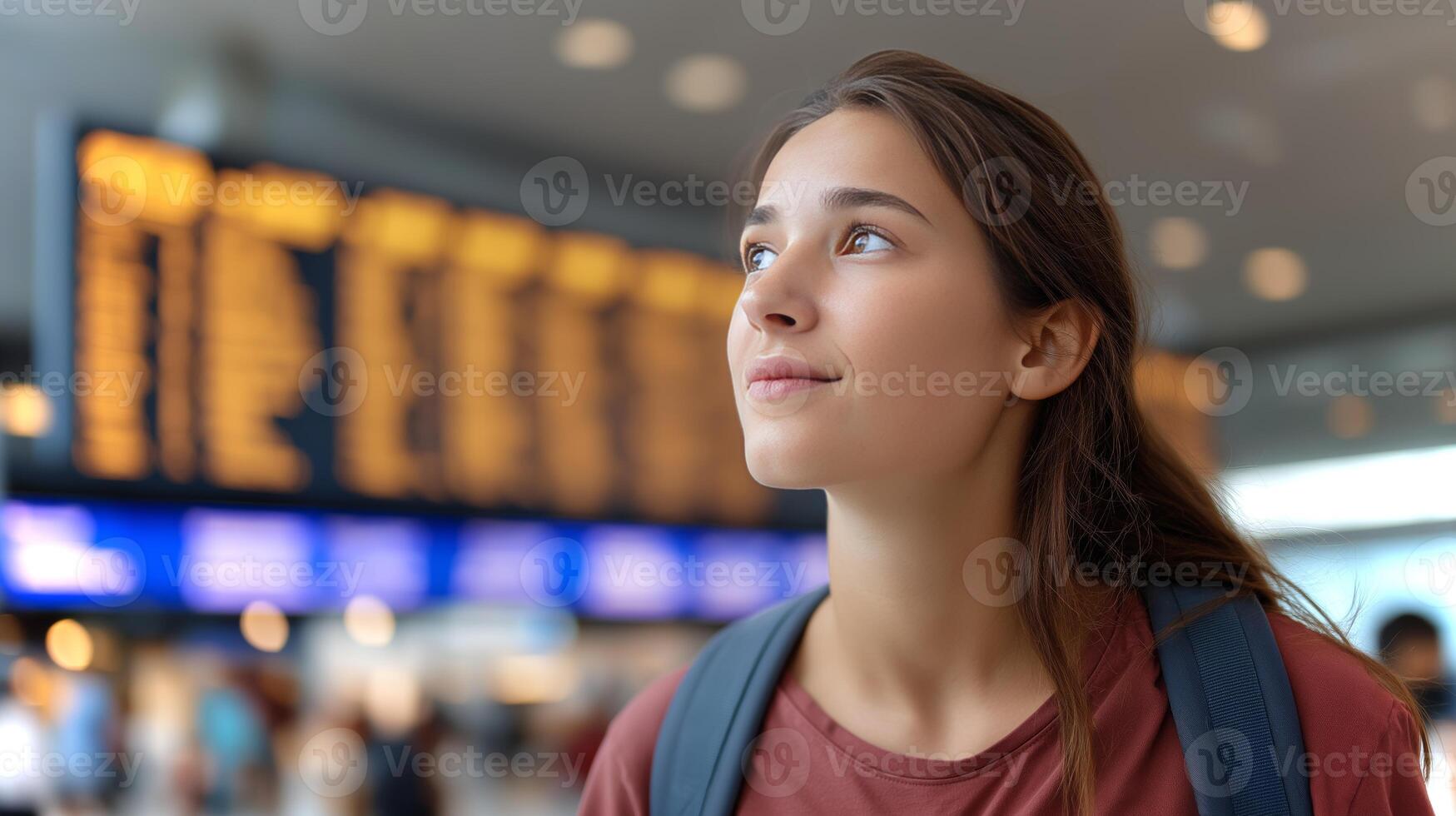 A young traveler gazes thoughtfully at the departure board in a bustling airport terminal. The atmosphere is lively as passengers prepare for their journeys. photo