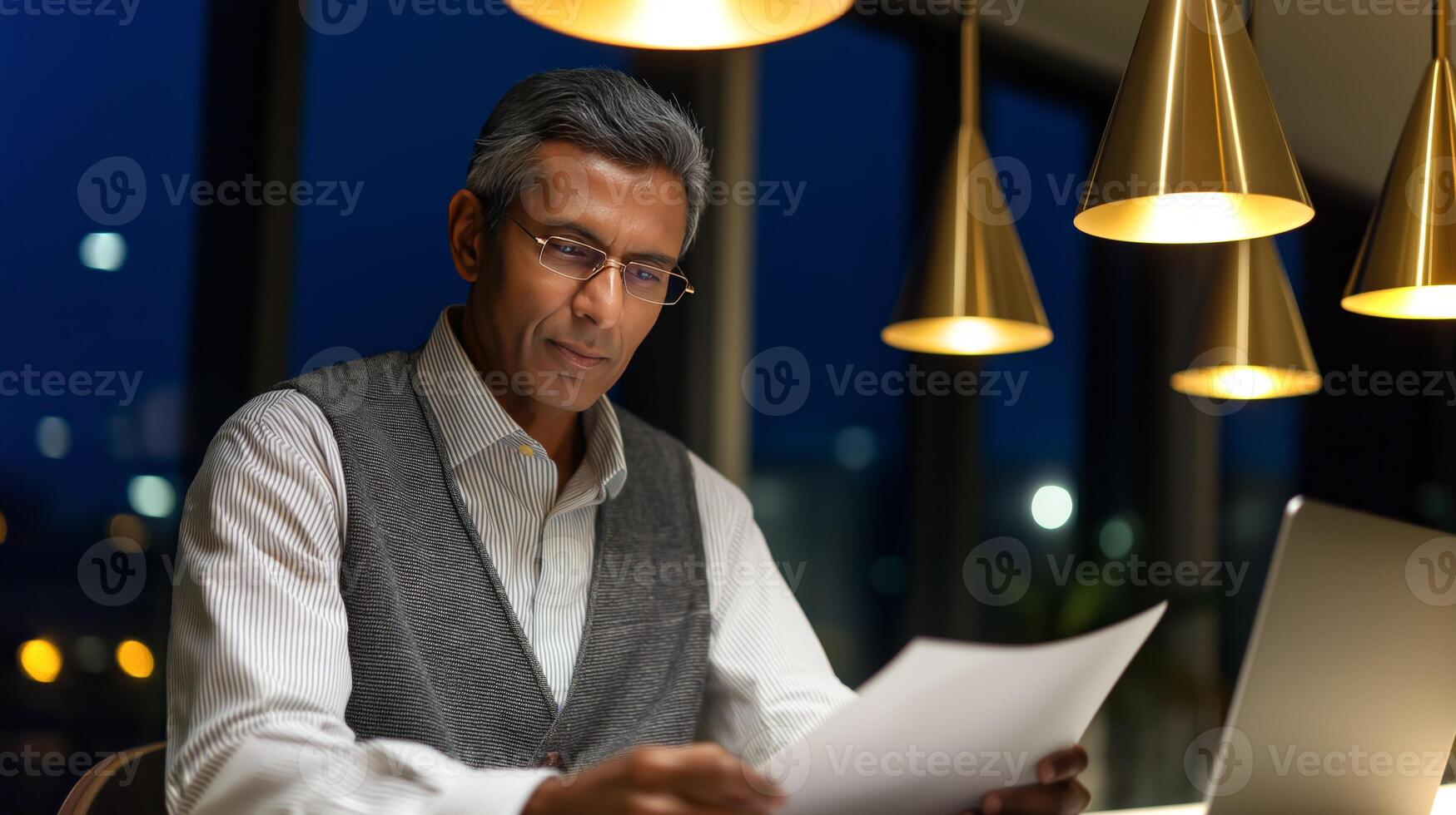 An individual is focused on reading papers at a modern desk in a cozy home office, illuminated by stylish lighting as night falls outside. photo