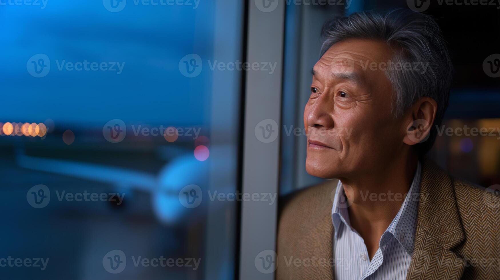 An elderly man stands by a large airport window at twilight, pondering life as he looks out toward the runway. Warm lights from nearby planes twinkle softly. photo